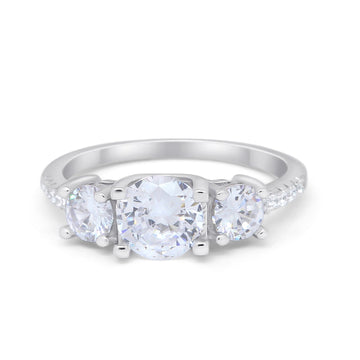 Three Stone Wedding Engagement Bridal Ring Round Simulated Cubic Zirconia 925 Sterling Silver